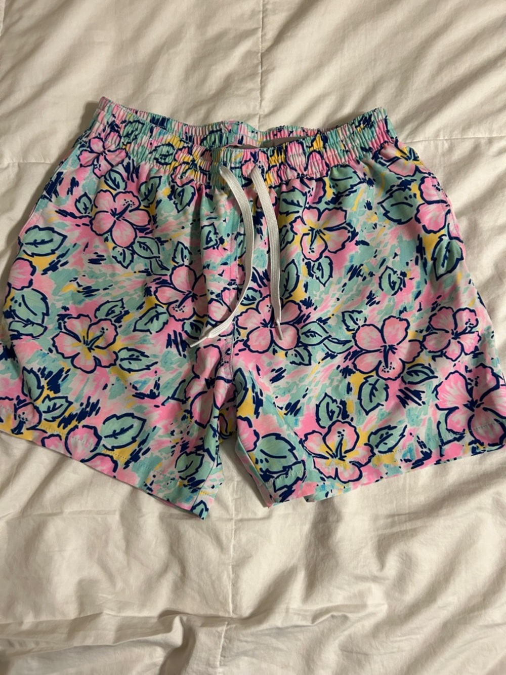 Mens chubbies Pastel Floral Drawstring Shorts in Pink, Aqua & Yellow size med